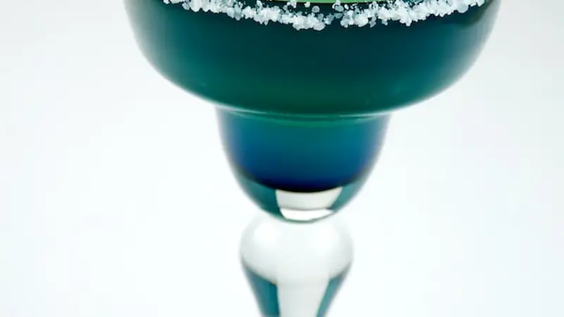 Salt-rimmed teal margarita cocktail glass on a white background – LongHorn Margarita