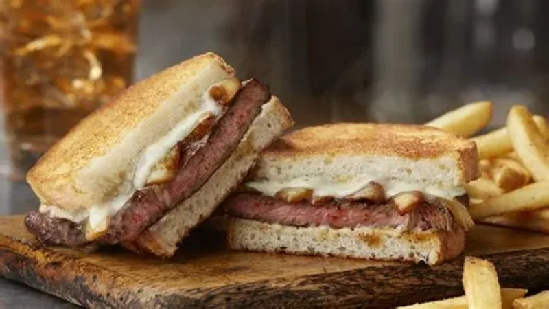 Gourmet ribeye steak sandwich served hot on a wooden board